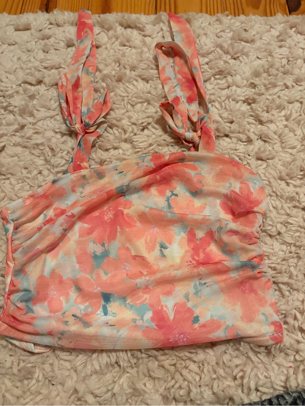 Floral Tie-Shoulder Crop Top in Coral Peach